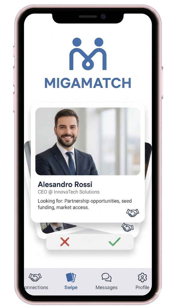 Mockup dell'app MigaMATCH — selezione swipe dei profili proposti da AIRA©