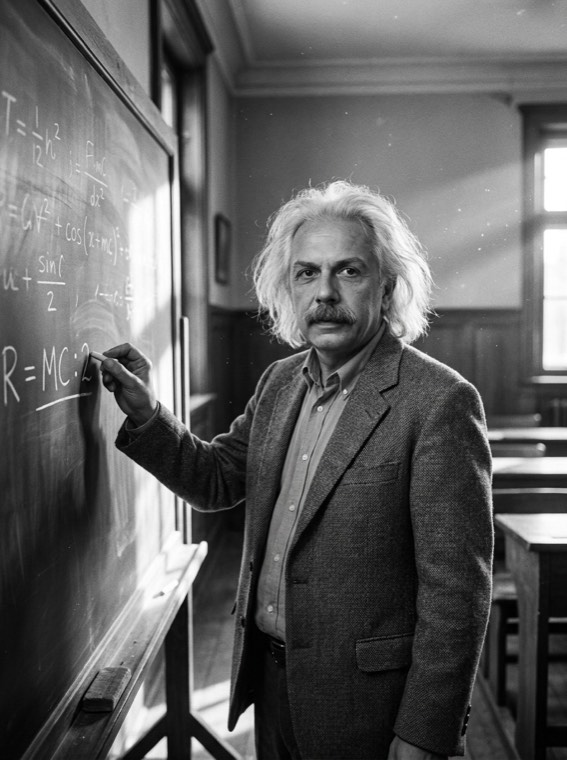 Alla lavagna, in stile Einstein: la formula R = MC/2 prende forma