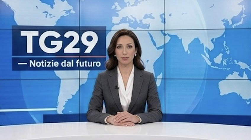 TG29 — Notizie dal futuro: la conduttrice al desk del telegiornale del futuro